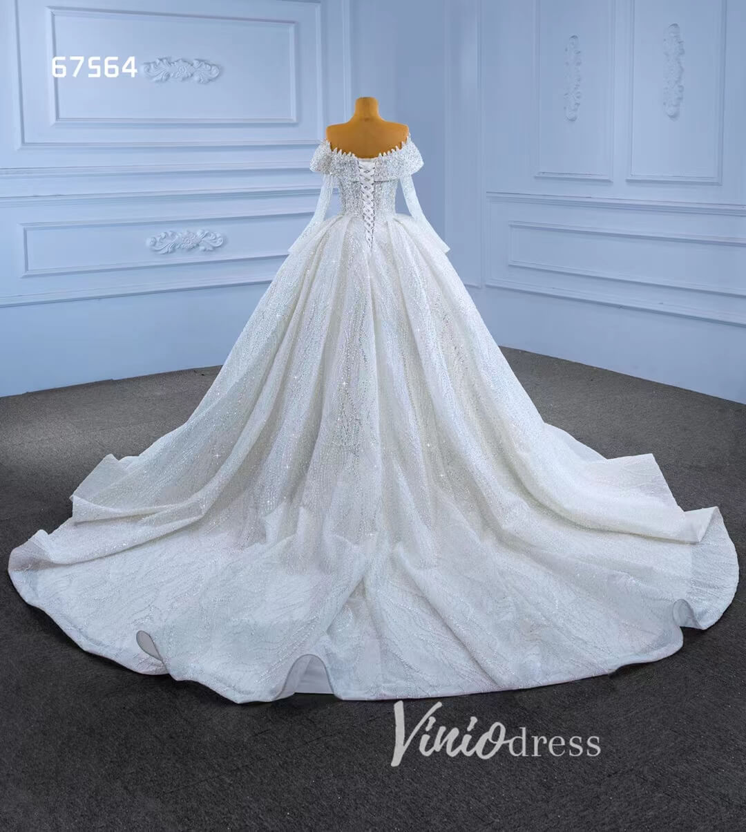 Luxury Beaded Ball Gown Wedding Dresses with Sleeves 67564-wedding dresses-Viniodress-Viniodress