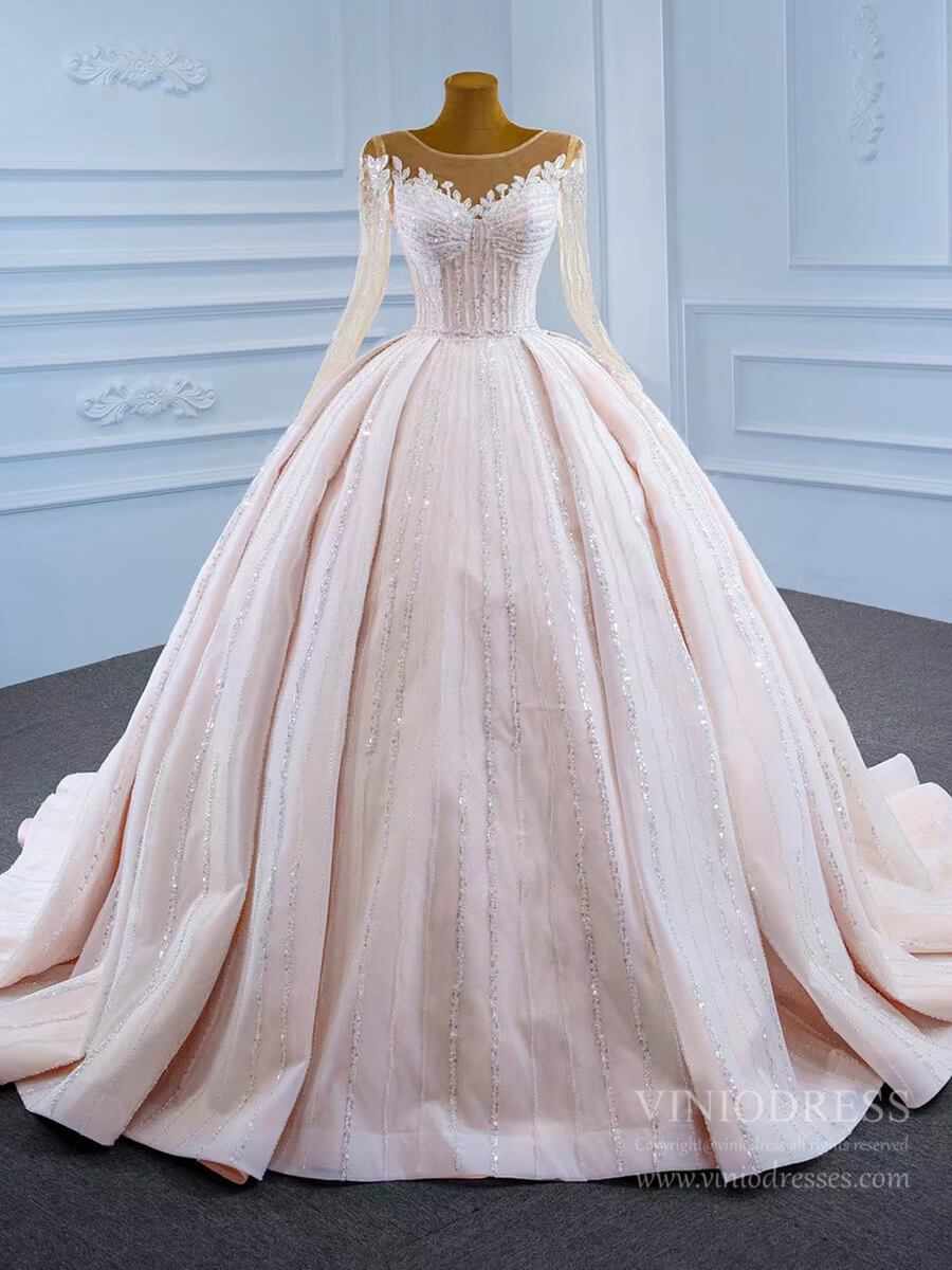 Luxury Beaded Blush Ball Gown Wedding Dress with Sleeves VW1972-wedding dresses 2025 -Viniodress-As Picture-Custom Size-