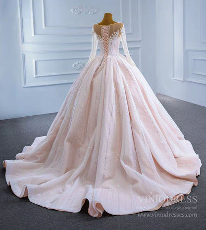 Luxury Beaded Blush Ball Gown Wedding Dress with Sleeves VW1972-wedding dresses 2025 -Viniodress-As Picture-Custom Size-