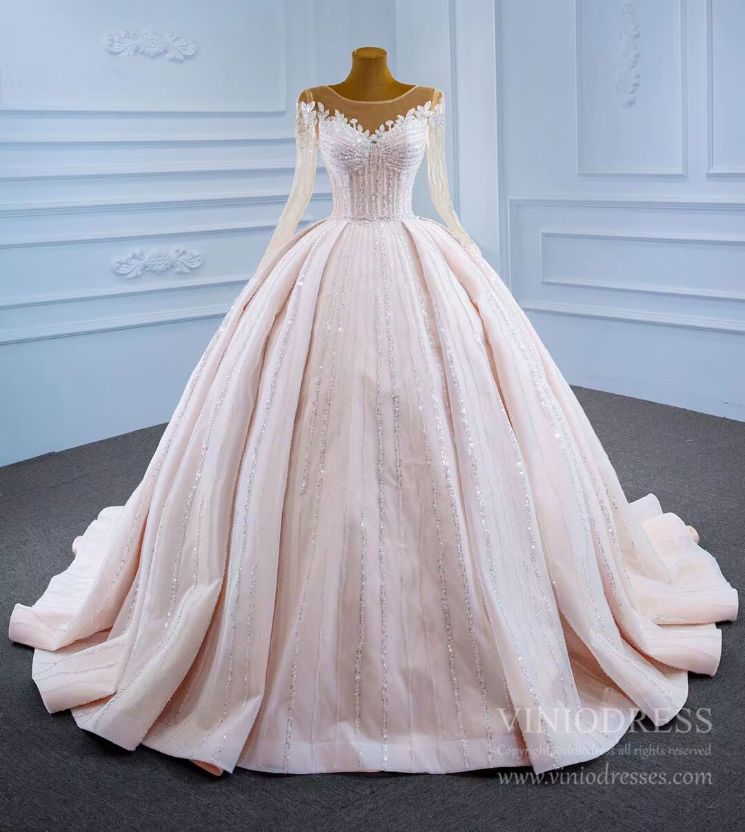 Luxury Beaded Blush Ball Gown Wedding Dress with Sleeves VW1972-wedding dresses 2025 -Viniodress-As Picture-Custom Size-