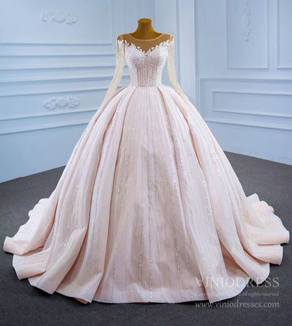 Luxury Beaded Blush Ball Gown Wedding Dress with Sleeves VW1972-wedding dresses 2025 -Viniodress-As Picture-Custom Size-