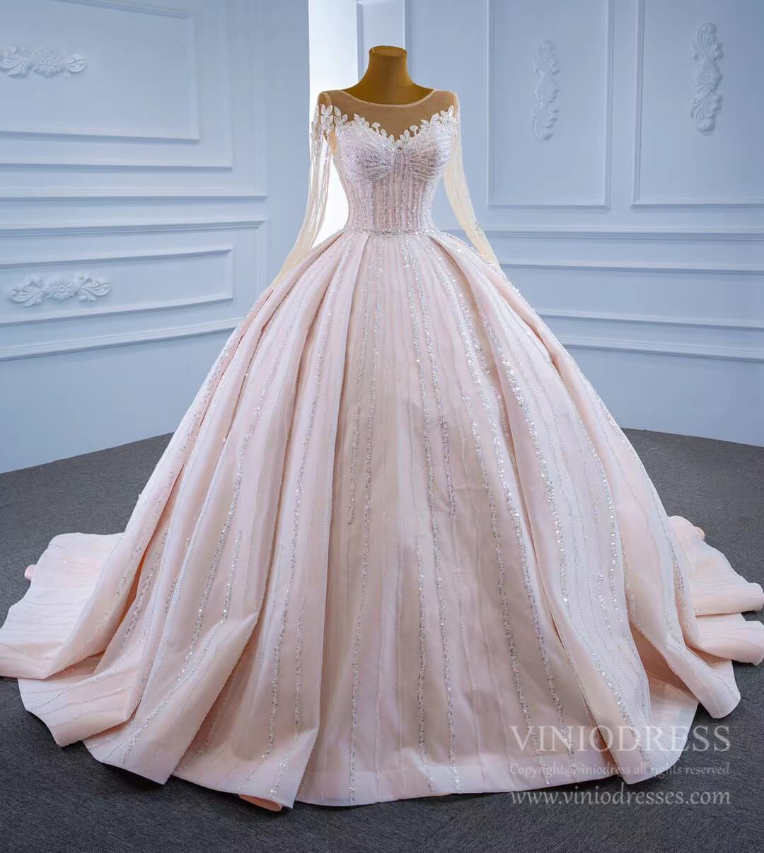 Luxury Beaded Blush Ball Gown Wedding Dress with Sleeves VW1972-wedding dresses 2025 -Viniodress-As Picture-Custom Size-