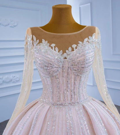 Luxury Beaded Blush Ball Gown Wedding Dress with Sleeves VW1972-wedding dresses 2025 -Viniodress-As Picture-Custom Size-