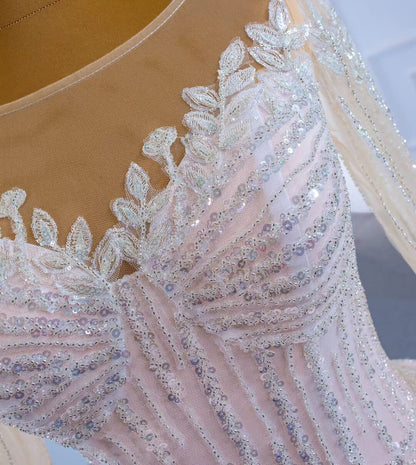 Luxury Beaded Blush Ball Gown Wedding Dress with Sleeves VW1972-wedding dresses 2025 -Viniodress-As Picture-Custom Size-