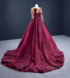 Luxury Beaded Burgundy Formal Dress Long Sleeve Pageant Dresses 67250 viniodress-prom dresses-Viniodress-Viniodress