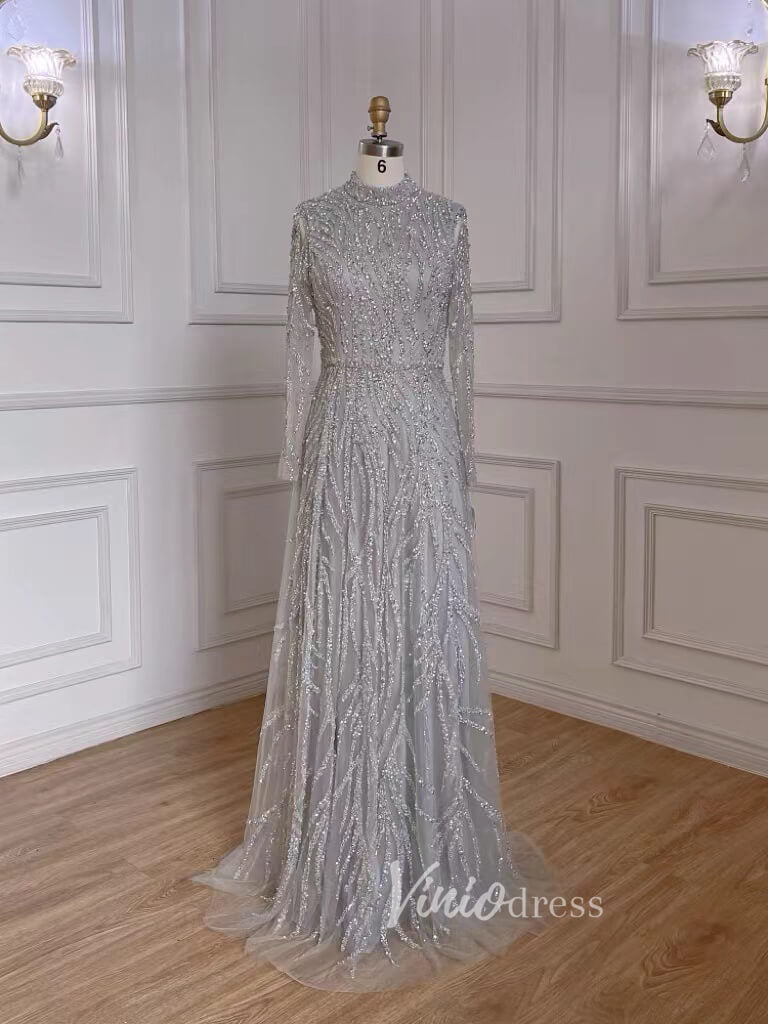 Luxury Beaded Evening Dresses High Neck Long Sleeve Mother of the Bride Dress 20019-prom dresses-Viniodress-Grey-US 2-Viniodress