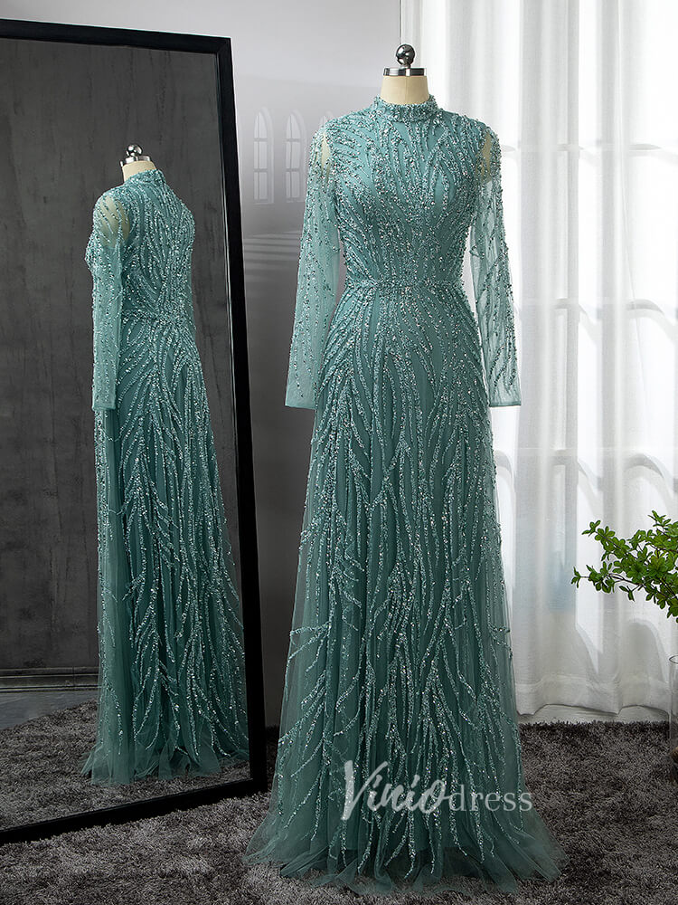 Luxury Beaded Evening Dresses High Neck Long Sleeve Mother of the Bride Dress 20019-prom dresses-Viniodress-Light Green-US 2-Viniodress