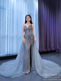 Luxury Beaded Grey Overskirt Prom Dresses with Slit 67340
