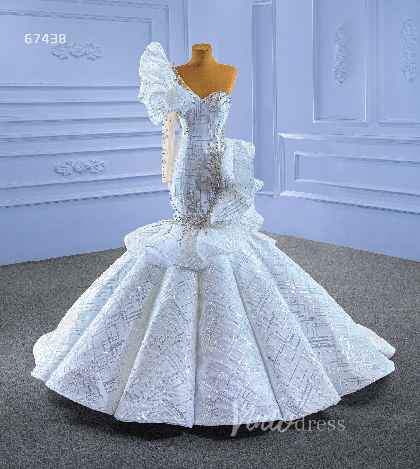 Luxury Beaded Mermaid Wedding Dresses One Shoulder Long Sleeve Pageant Gown 67438-wedding dresses 2025 -Viniodress-Ivory-Custom Size-