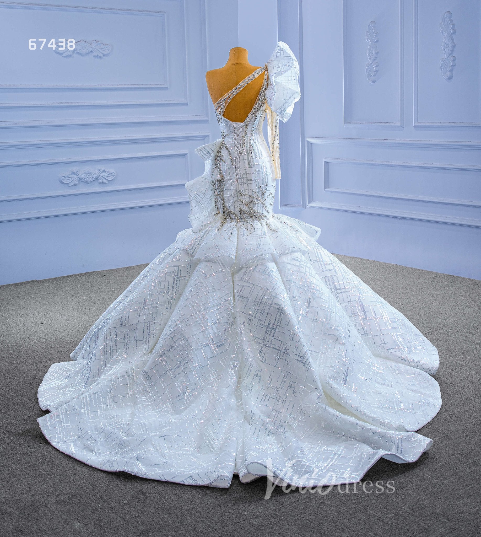 Luxury Beaded Mermaid Wedding Dresses One Shoulder Long Sleeve Pageant Gown 67438-wedding dresses 2025 -Viniodress-Ivory-Custom Size-