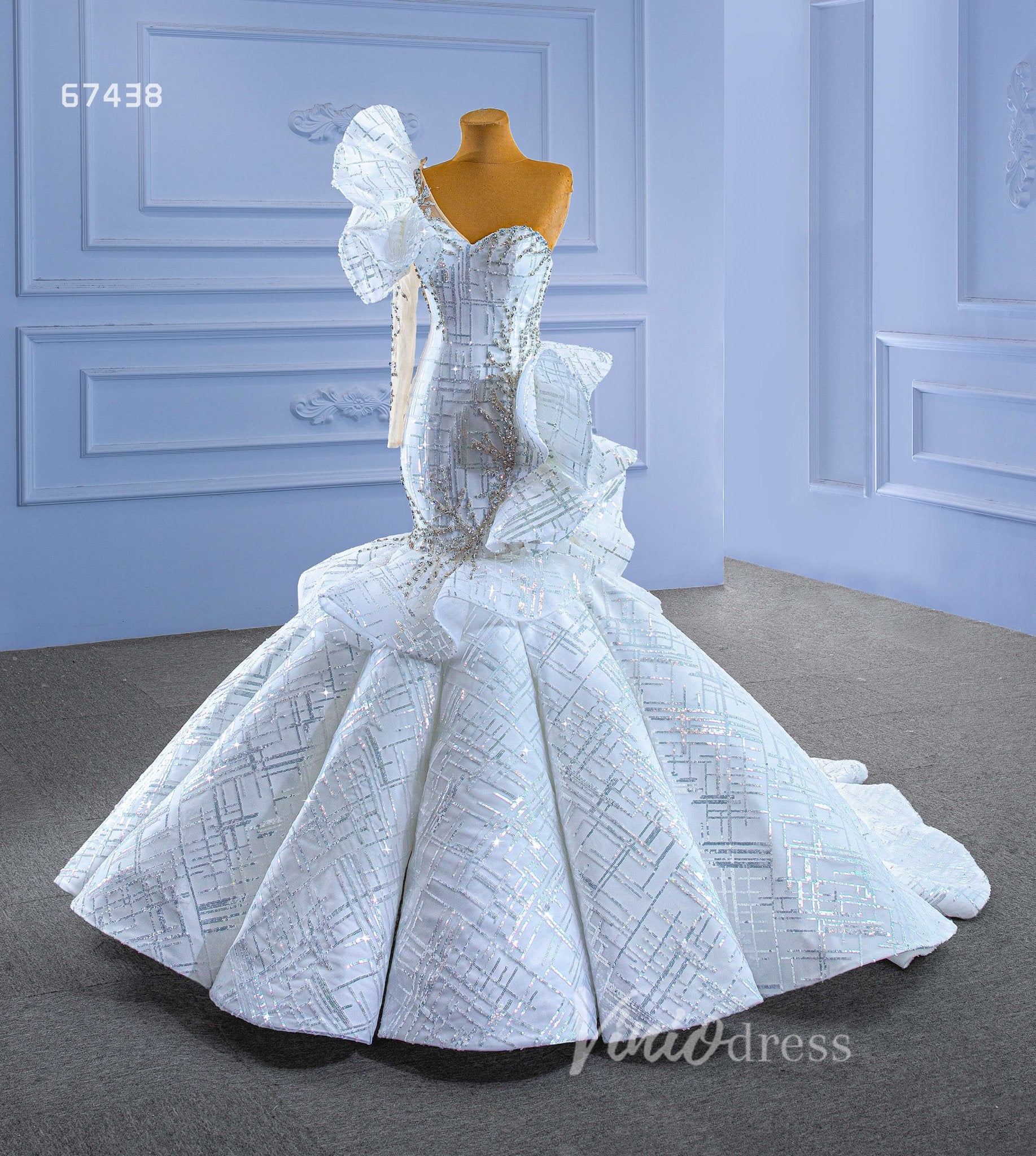 Luxury Beaded Mermaid Wedding Dresses One Shoulder Long Sleeve Pageant Gown 67438-wedding dresses 2025 -Viniodress-Ivory-Custom Size-