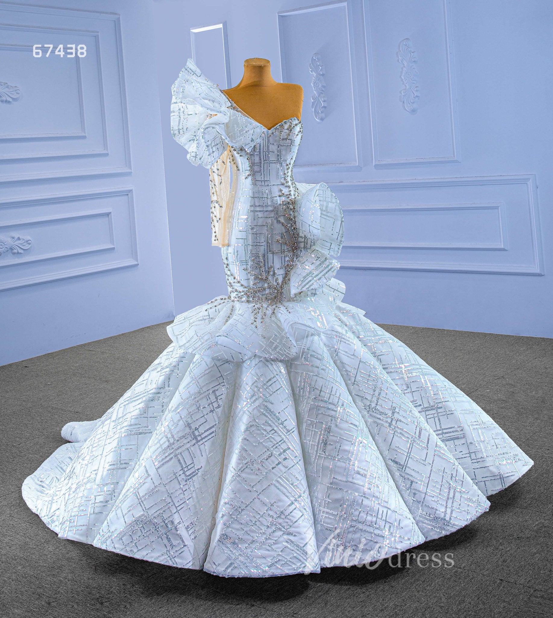 Luxury Beaded Mermaid Wedding Dresses One Shoulder Long Sleeve Pageant Gown 67438-wedding dresses 2025 -Viniodress-Ivory-Custom Size-