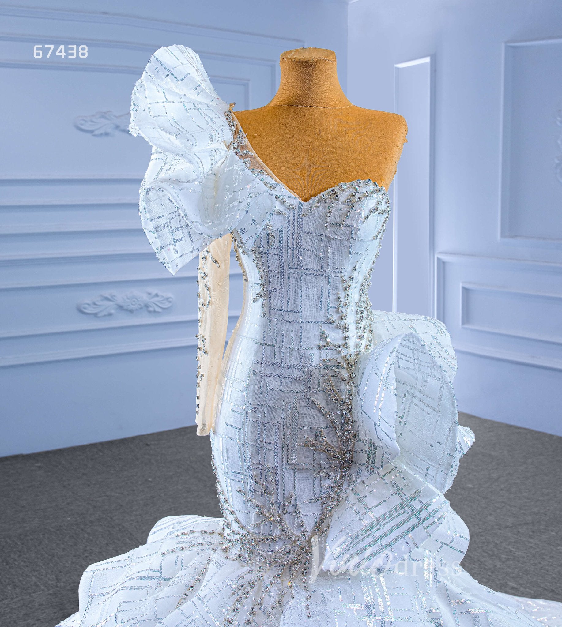 Luxury Beaded Mermaid Wedding Dresses One Shoulder Long Sleeve Pageant Gown 67438-wedding dresses 2025 -Viniodress-Ivory-Custom Size-