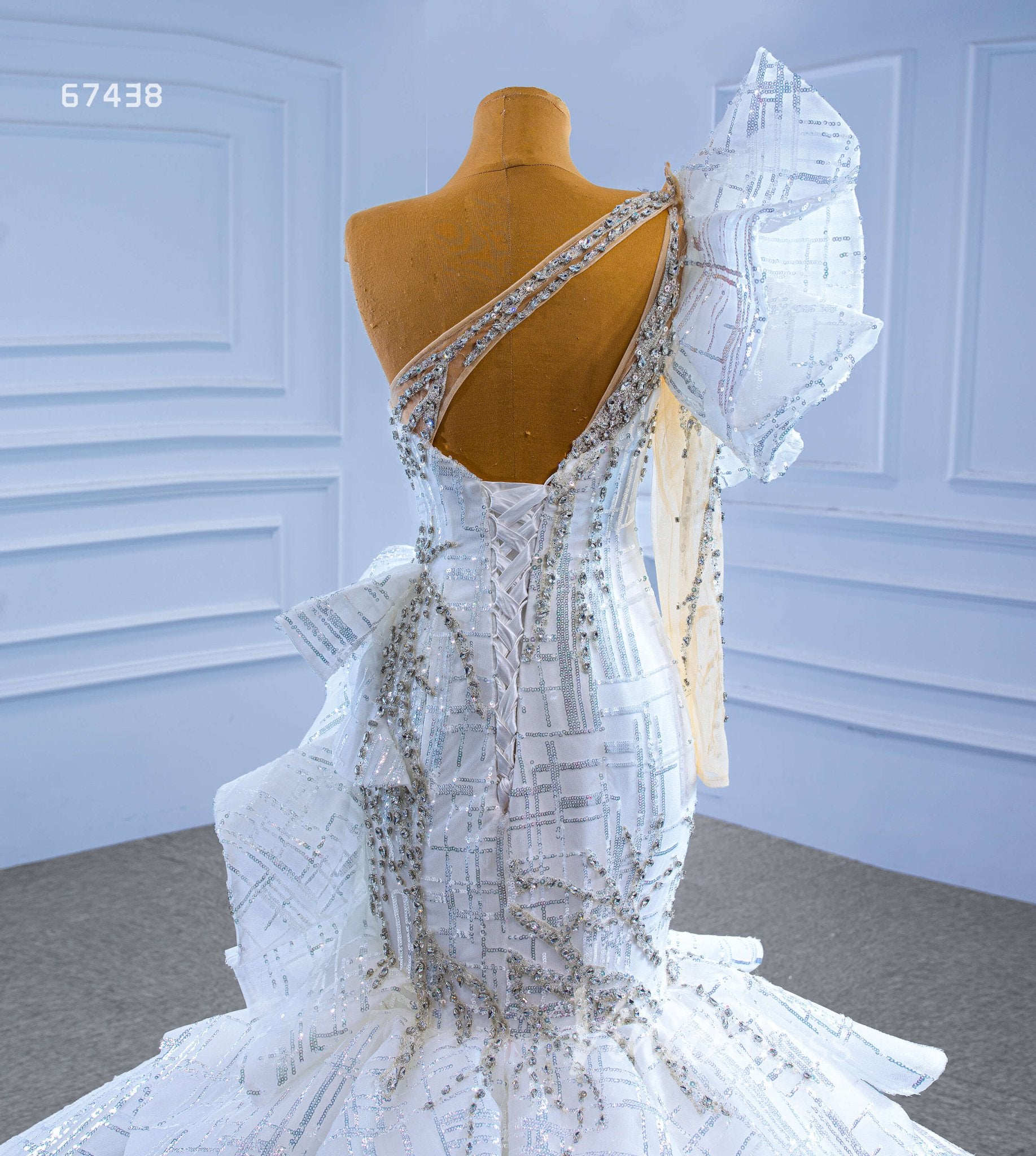 Luxury Beaded Mermaid Wedding Dresses One Shoulder Long Sleeve Pageant Gown 67438-wedding dresses 2025 -Viniodress-Ivory-Custom Size-