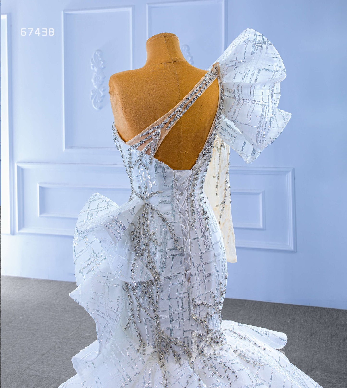 Luxury Beaded Mermaid Wedding Dresses One Shoulder Long Sleeve Pageant Gown 67438-wedding dresses 2025 -Viniodress-Ivory-Custom Size-