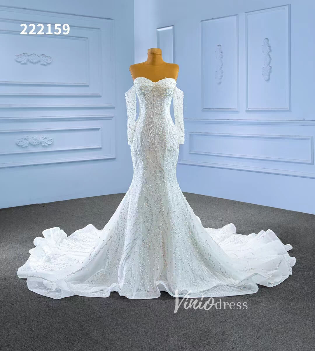 Luxury Beaded Mermaid Wedding Dresses Removable Long Sleeves 222159-wedding dresses 2025 -Viniodress-Ivory-Custom Size-