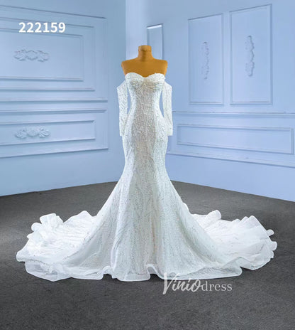 Luxury Beaded Mermaid Wedding Dresses Removable Long Sleeves 222159-wedding dresses 2025 -Viniodress-Ivory-Custom Size-