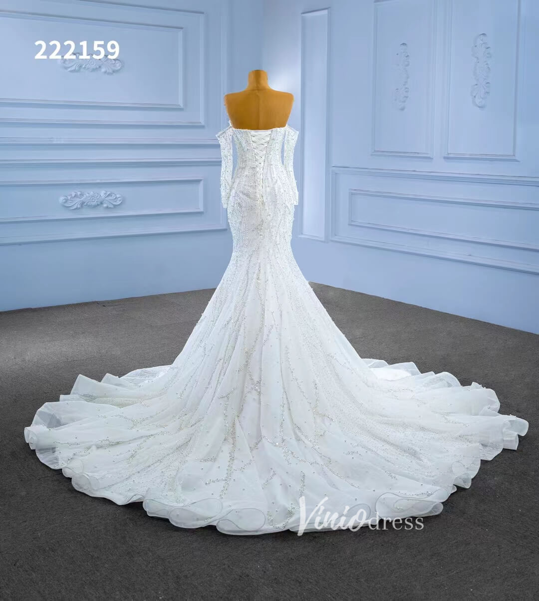 Luxury Beaded Mermaid Wedding Dresses Removable Long Sleeves 222159-wedding dresses 2025 -Viniodress-Ivory-Custom Size-