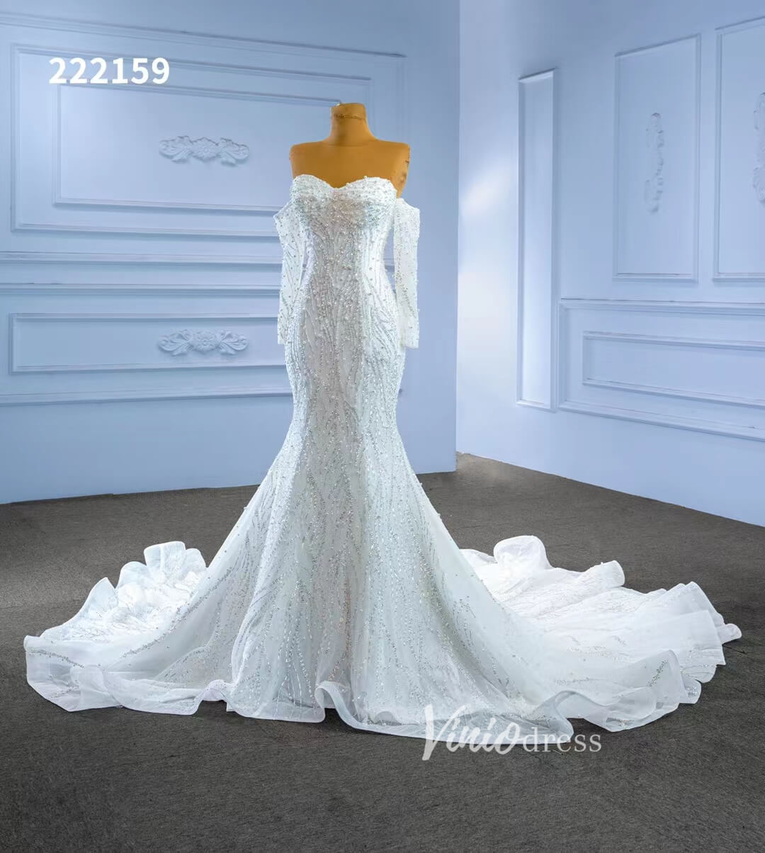Luxury Beaded Mermaid Wedding Dresses Removable Long Sleeves 222159-wedding dresses 2025 -Viniodress-Ivory-Custom Size-