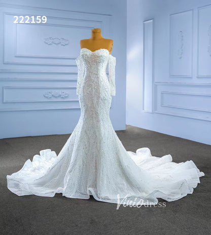 Luxury Beaded Mermaid Wedding Dresses Removable Long Sleeves 222159-wedding dresses 2025 -Viniodress-Ivory-Custom Size-