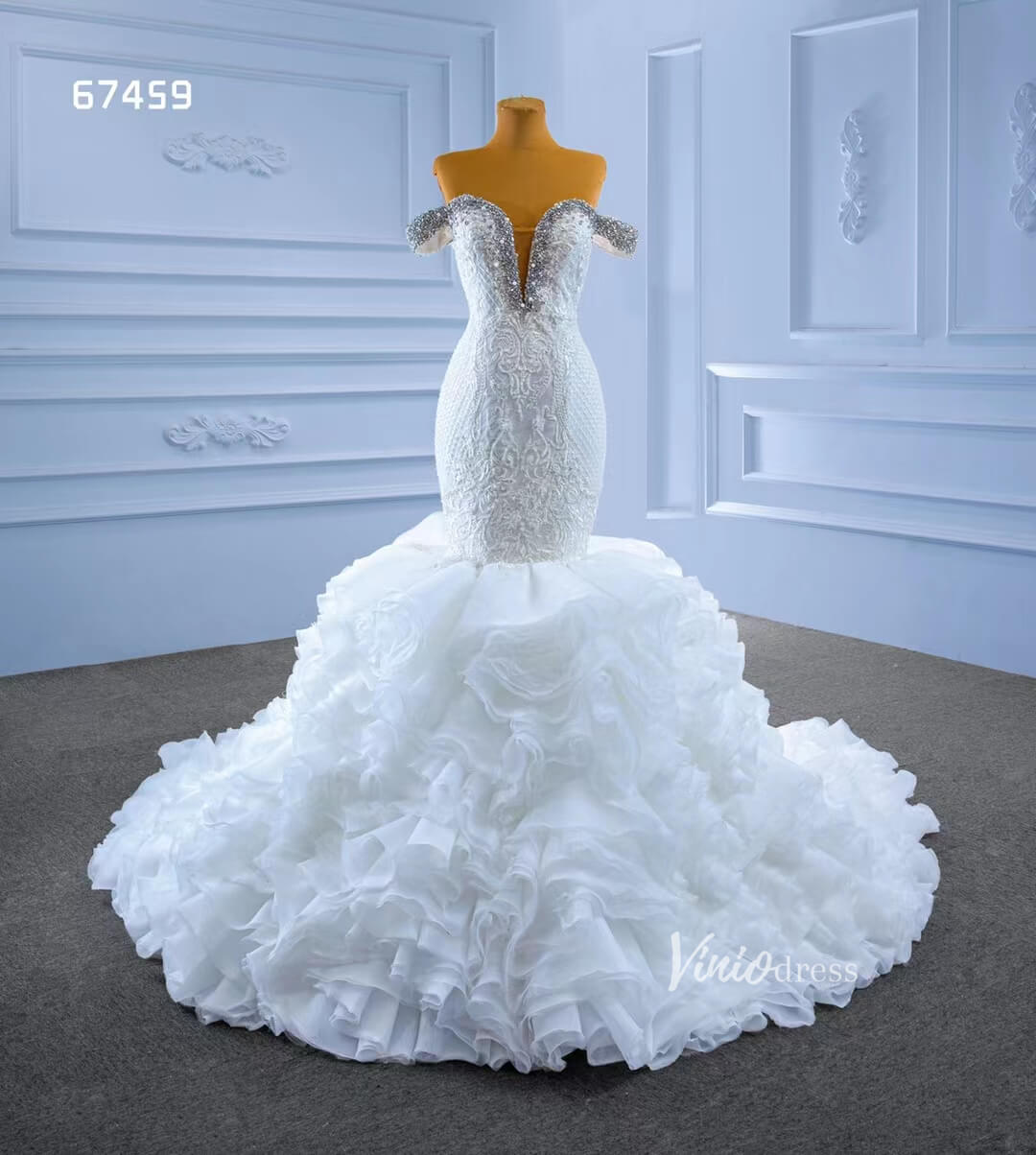 Luxury Beaded Mermaid Wedding Dresses Ruffled Bridal Gown 67459-wedding dresses 2025 -Viniodress-Ivory-Custom Size-