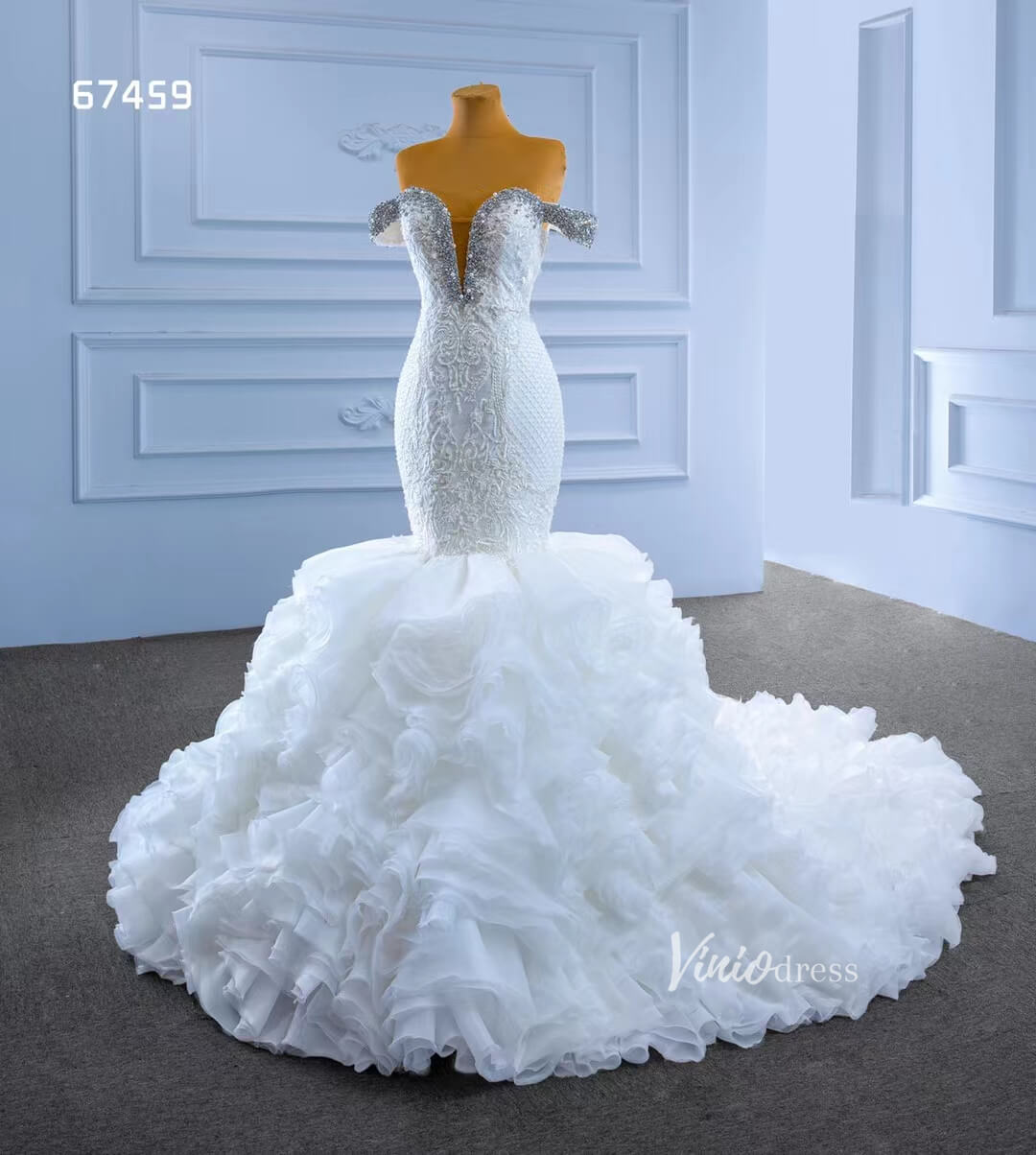 Luxury Beaded Mermaid Wedding Dresses Ruffled Bridal Gown 67459-wedding dresses 2025 -Viniodress-Ivory-Custom Size-