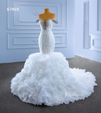 Luxury Beaded Mermaid Wedding Dresses Ruffled Bridal Gown 67459-wedding dresses 2025 -Viniodress-Ivory-Custom Size-