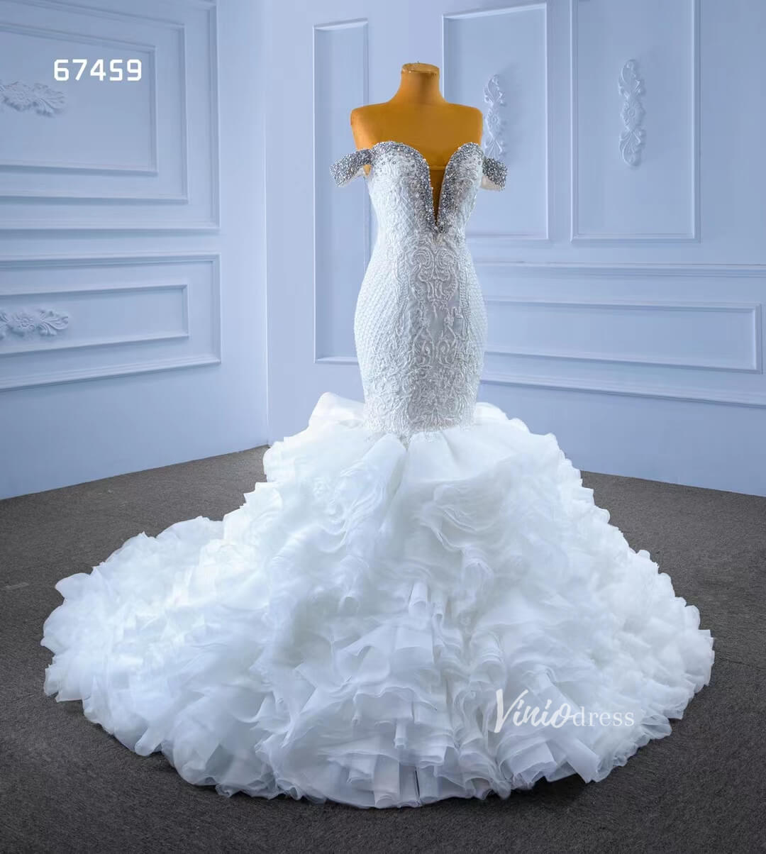 Luxury Beaded Mermaid Wedding Dresses Ruffled Bridal Gown 67459-wedding dresses 2025 -Viniodress-Ivory-Custom Size-