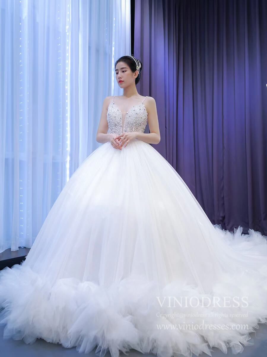 Luxury Beaded Tulle Ball Gown Wedding Dresses with Straps 67303-wedding dresses-Viniodress-Viniodress