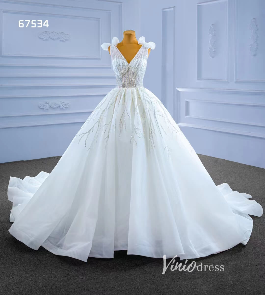 Luxury Dubai Wedding Dresses V-neck White Ball Gown 67534-wedding dresses 2025 -Viniodress-Ivory-Custom Size-