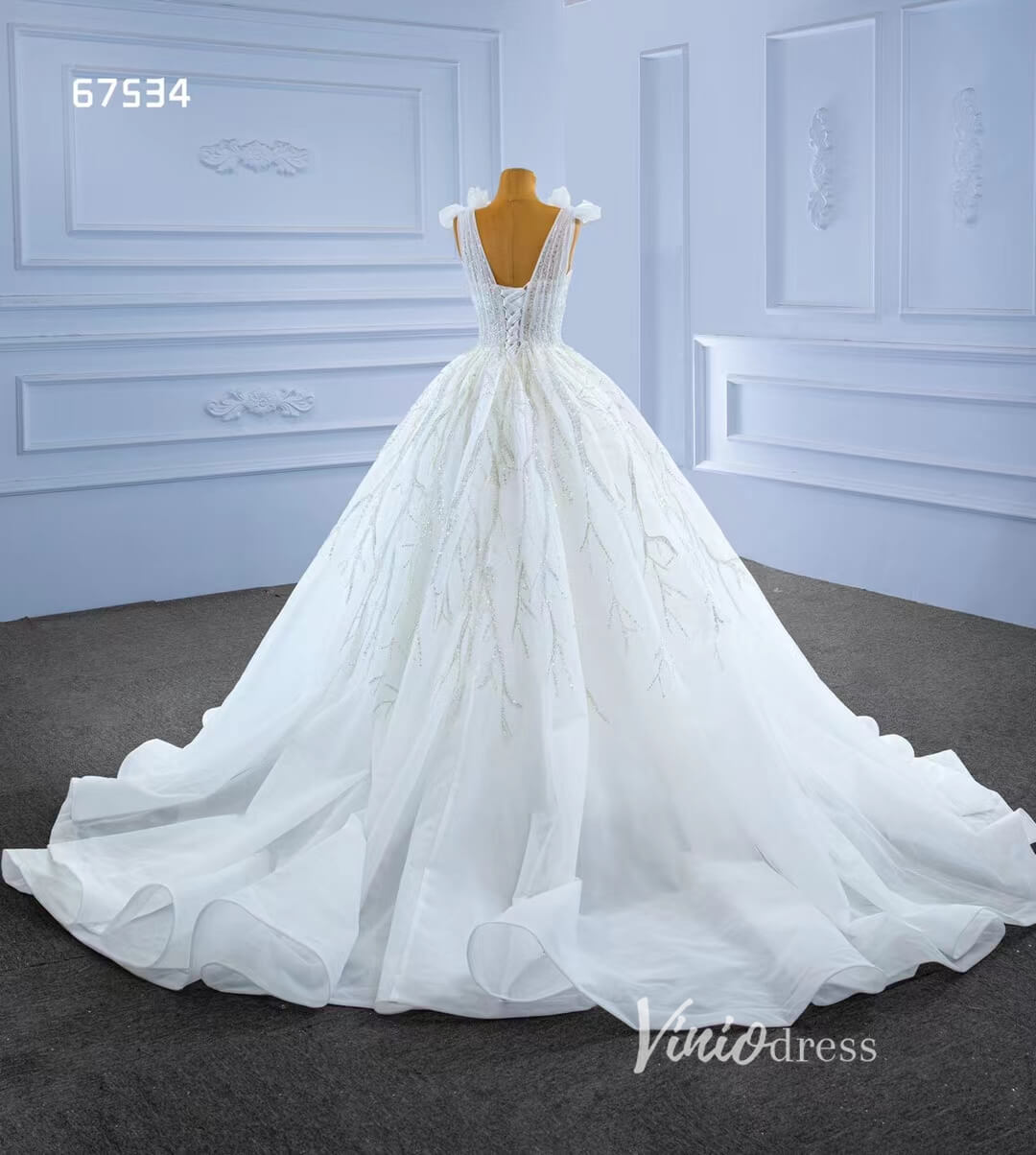 Luxury Dubai Wedding Dresses V-neck White Ball Gown 67534-wedding dresses 2025 -Viniodress-Ivory-Custom Size-
