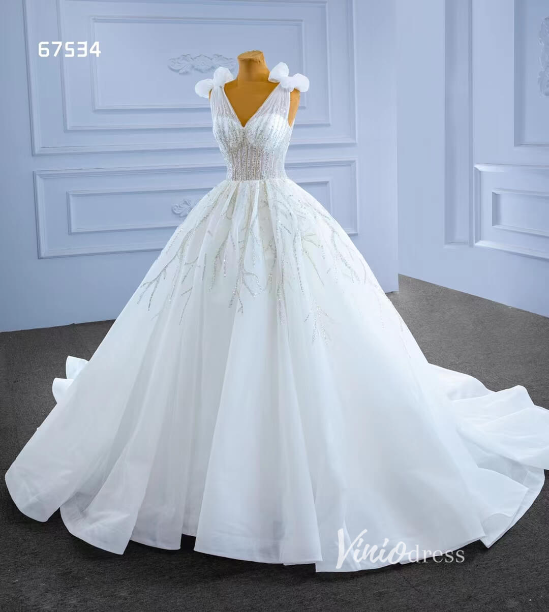 Luxury Dubai Wedding Dresses V-neck White Ball Gown 67534-wedding dresses-Viniodress-Viniodress