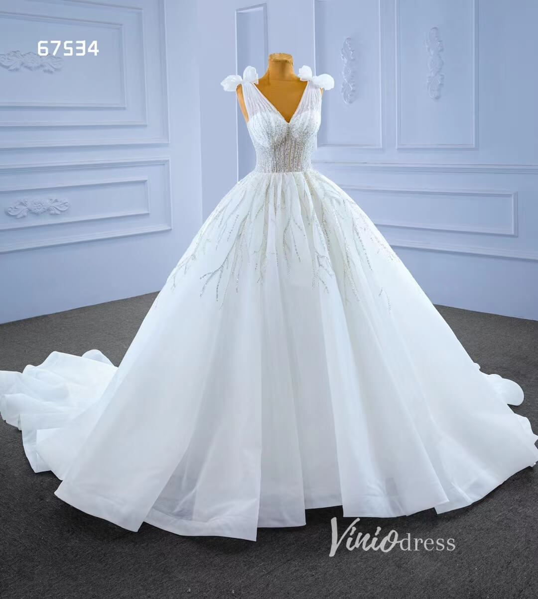 Luxury Dubai Wedding Dresses V-neck White Ball Gown 67534-wedding dresses-Viniodress-Viniodress