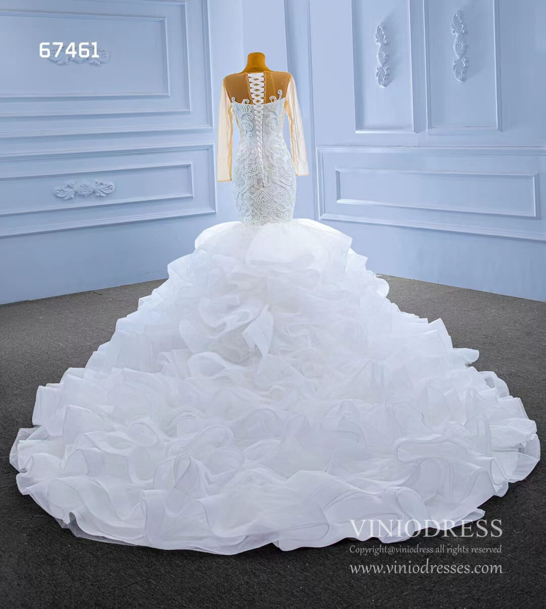 Luxury Mermaid Ruffle Wedding Dresses Long Sleeves 67461-wedding dresses-Viniodress-Viniodress