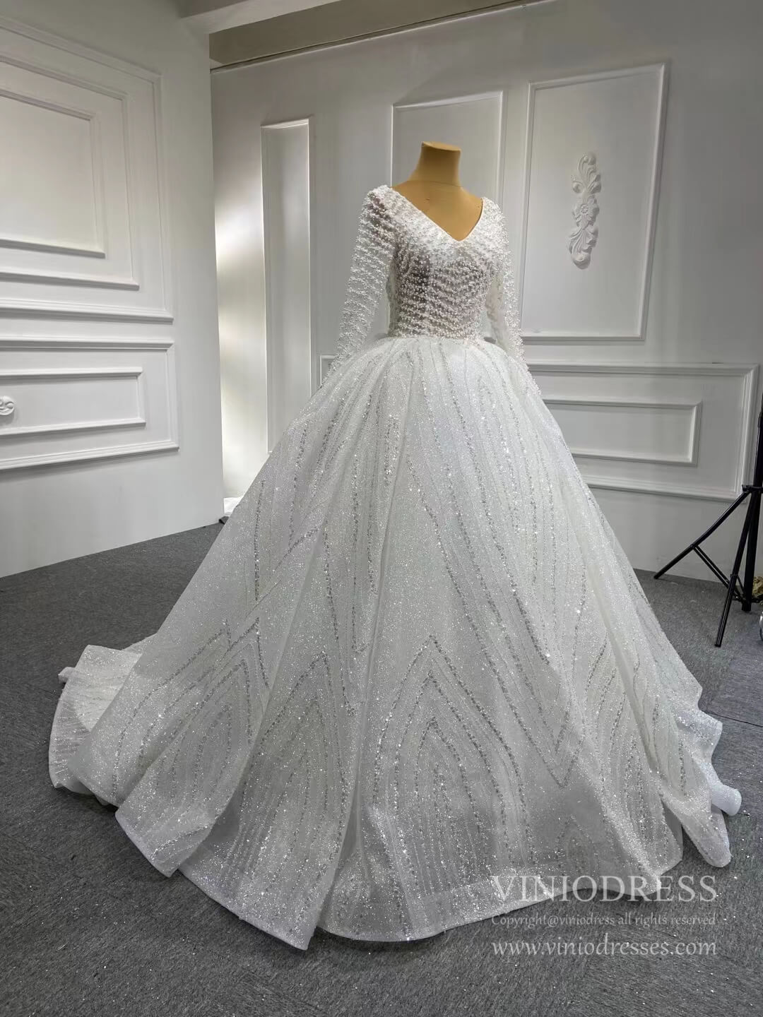 Luxury Pearl Wedding Ball Gown with Long Sleeves 67210-wedding dresses 2025 -Viniodress-Ivory-Custom Size-