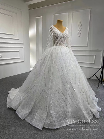 Luxury Pearl Wedding Ball Gown with Long Sleeves 67210-wedding dresses 2025 -Viniodress-Ivory-Custom Size-