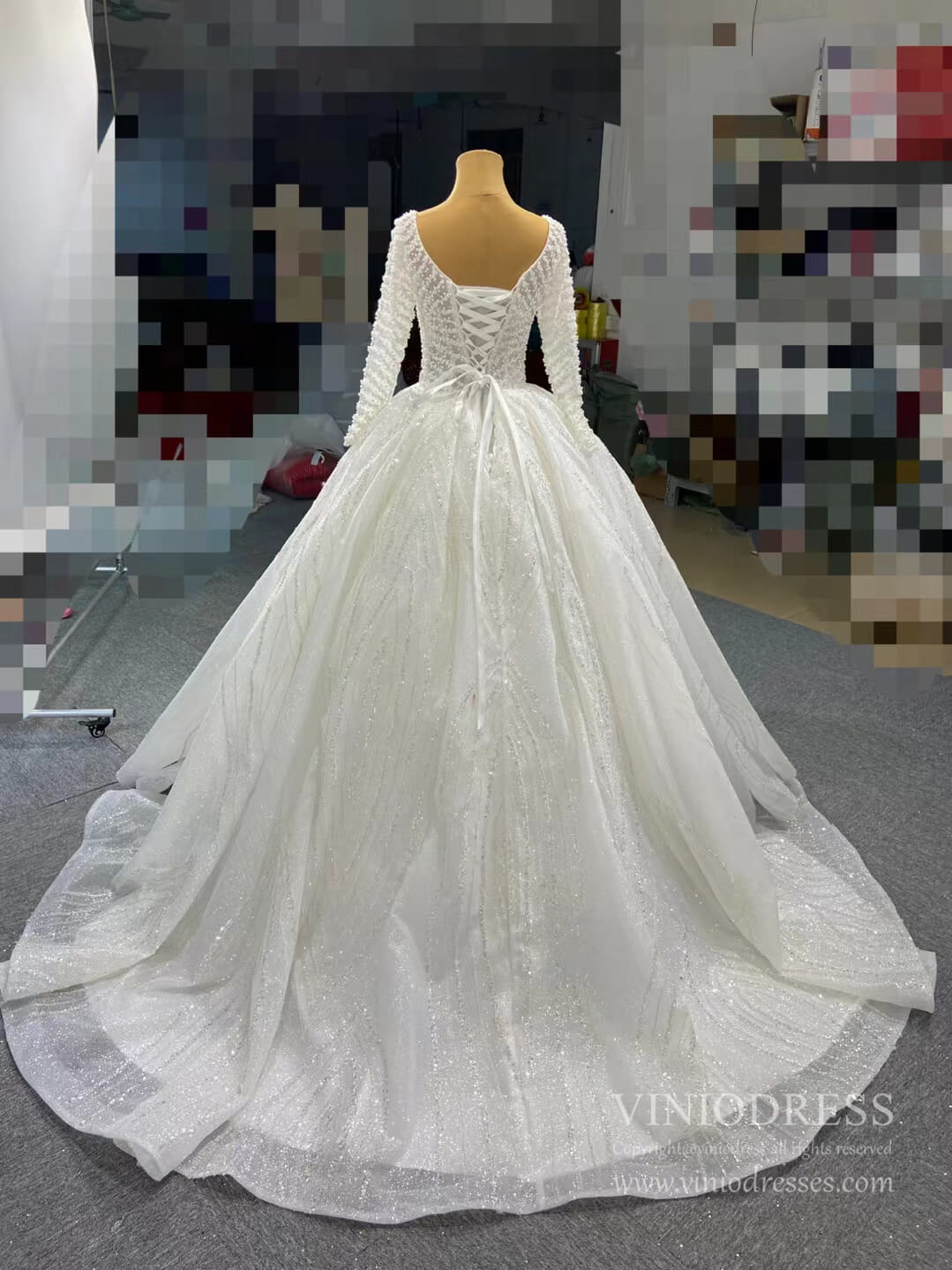 Luxury Pearl Wedding Ball Gown with Long Sleeves 67210-wedding dresses 2025 -Viniodress-Ivory-Custom Size-