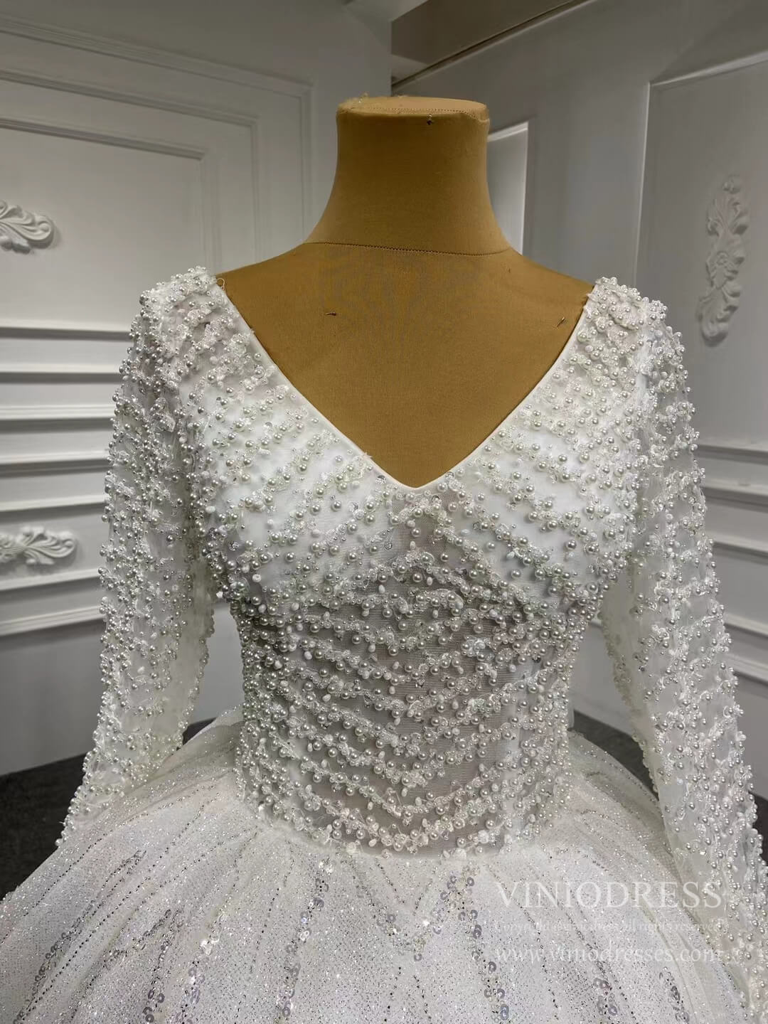 Luxury Pearl Wedding Ball Gown with Long Sleeves 67210-wedding dresses 2025 -Viniodress-Ivory-Custom Size-