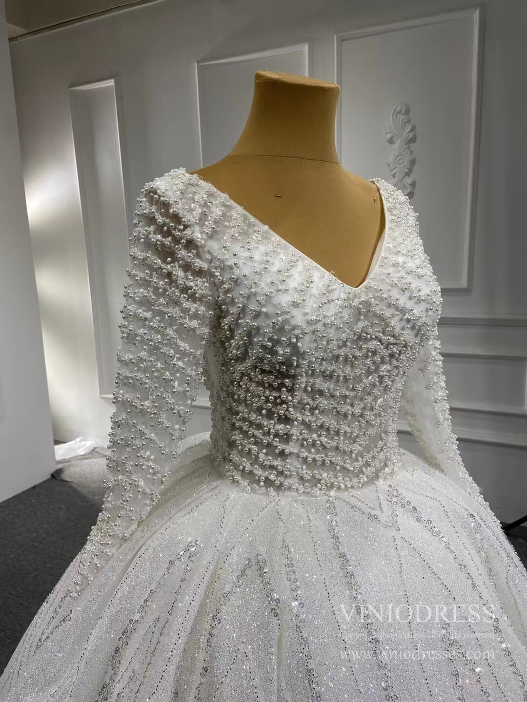 Luxury Pearl Wedding Ball Gown with Long Sleeves 67210-wedding dresses 2025 -Viniodress-Ivory-Custom Size-