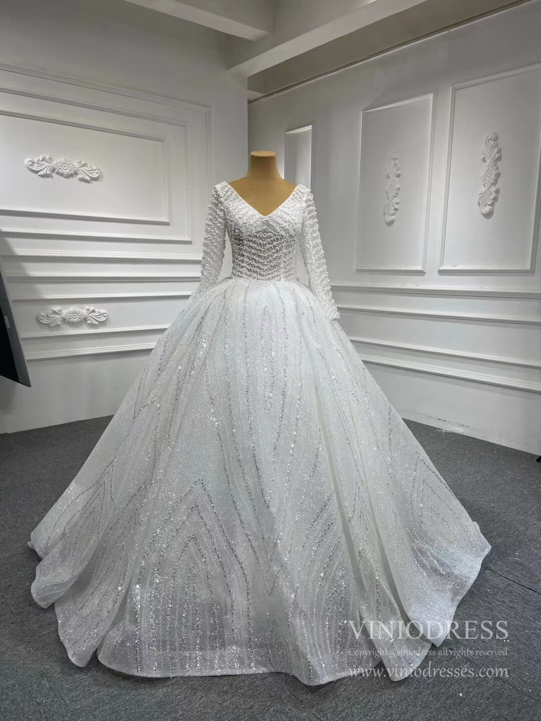 Luxury Pearl Wedding Ball Gown with Long Sleeves 67210-wedding dresses 2025 -Viniodress-Ivory-Custom Size-