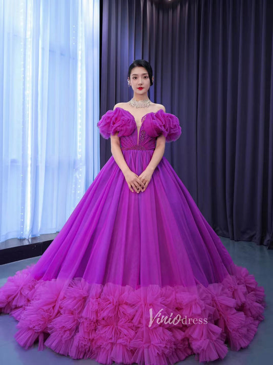 Magenta Cinderella Ball Gown Off the Shoulder Quince Dress 67520-Quinceanera Dresses-Viniodress-Magenta-Custom Size-Viniodress