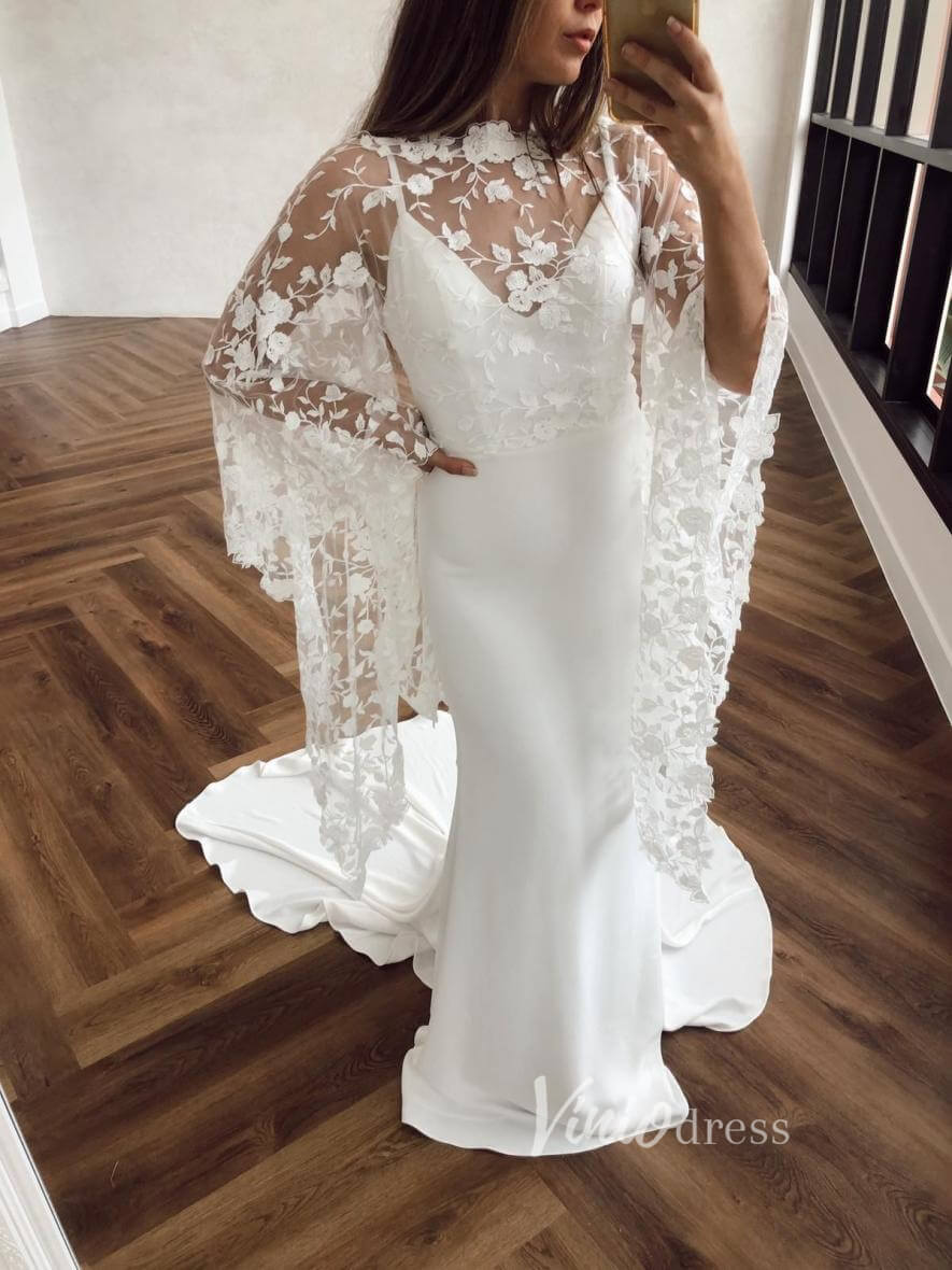 Mermaid Minimalist Wedding Dresses with Detachable Lace Cape Sleeves VW1466-wedding dresses-Viniodress-Viniodress