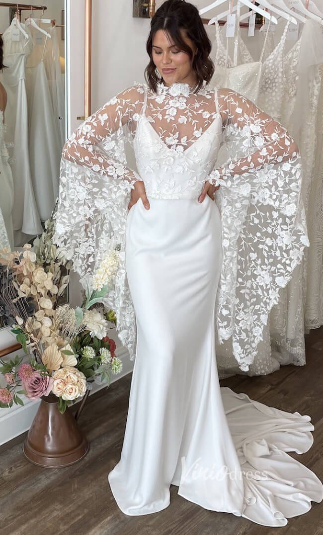Mermaid Minimalist Wedding Dresses with Detachable Lace Cape Sleeves VW1466-wedding dresses-Viniodress-Viniodress