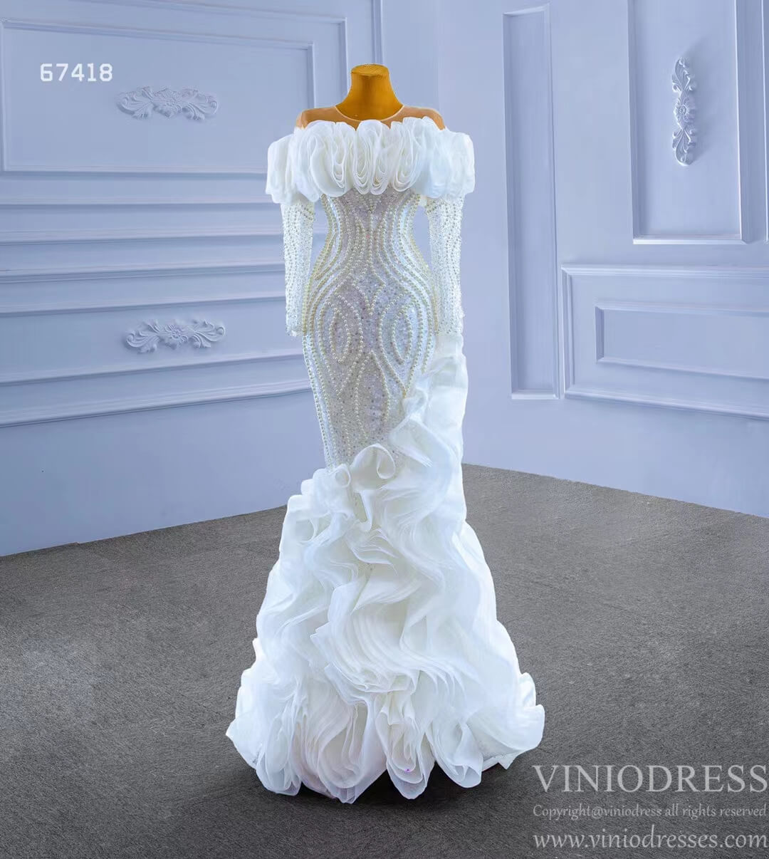 Mermaid Ruffle Wedding Dresses with Long Sleeves Pearl Beaded 67418-wedding dresses 2025 -Viniodress-Ivory-Custom Size-