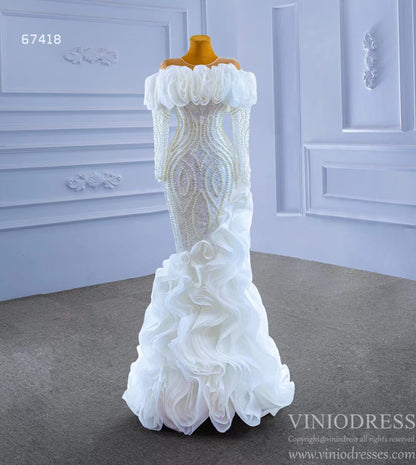 Mermaid Ruffle Wedding Dresses with Long Sleeves Pearl Beaded 67418-wedding dresses 2025 -Viniodress-Ivory-Custom Size-
