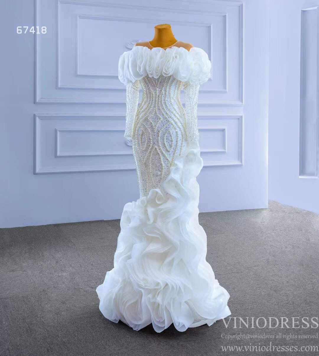 Mermaid Ruffle Wedding Dresses with Long Sleeves Pearl Beaded 67418-wedding dresses 2025 -Viniodress-Ivory-Custom Size-