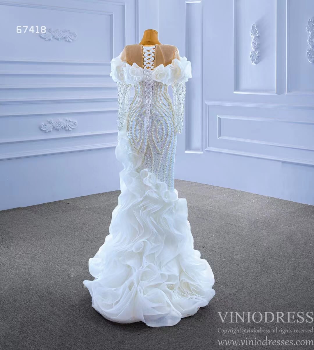 Mermaid Ruffle Wedding Dresses with Long Sleeves Pearl Beaded 67418-wedding dresses 2025 -Viniodress-Ivory-Custom Size-