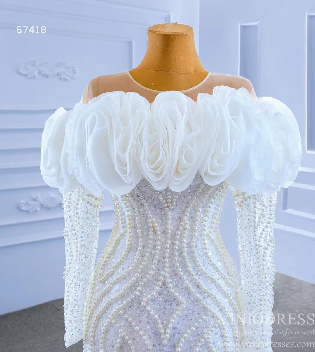 Mermaid Ruffle Wedding Dresses with Long Sleeves Pearl Beaded 67418-wedding dresses 2025 -Viniodress-Ivory-Custom Size-