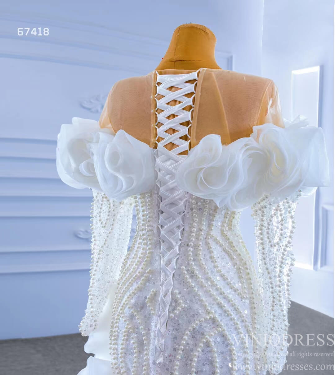 Mermaid Ruffle Wedding Dresses with Long Sleeves Pearl Beaded 67418-wedding dresses 2025 -Viniodress-Ivory-Custom Size-