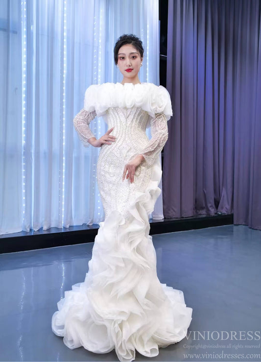 Mermaid Ruffle Wedding Dresses with Long Sleeves Pearl Beaded 67418-wedding dresses 2025 -Viniodress-Ivory-Custom Size-